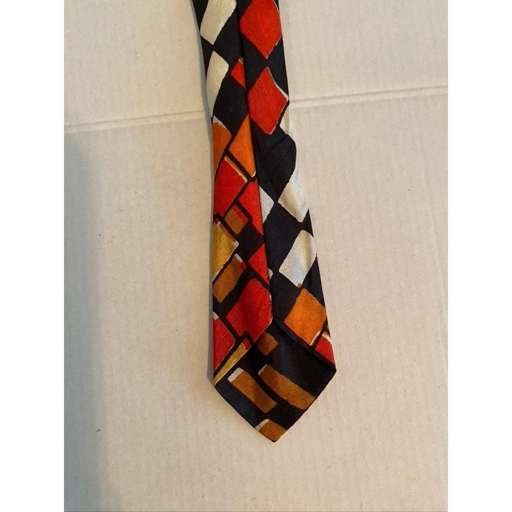 Handloom Pure Silk Tie Mens Geometric Block Pattern Red Orange Black India Made
